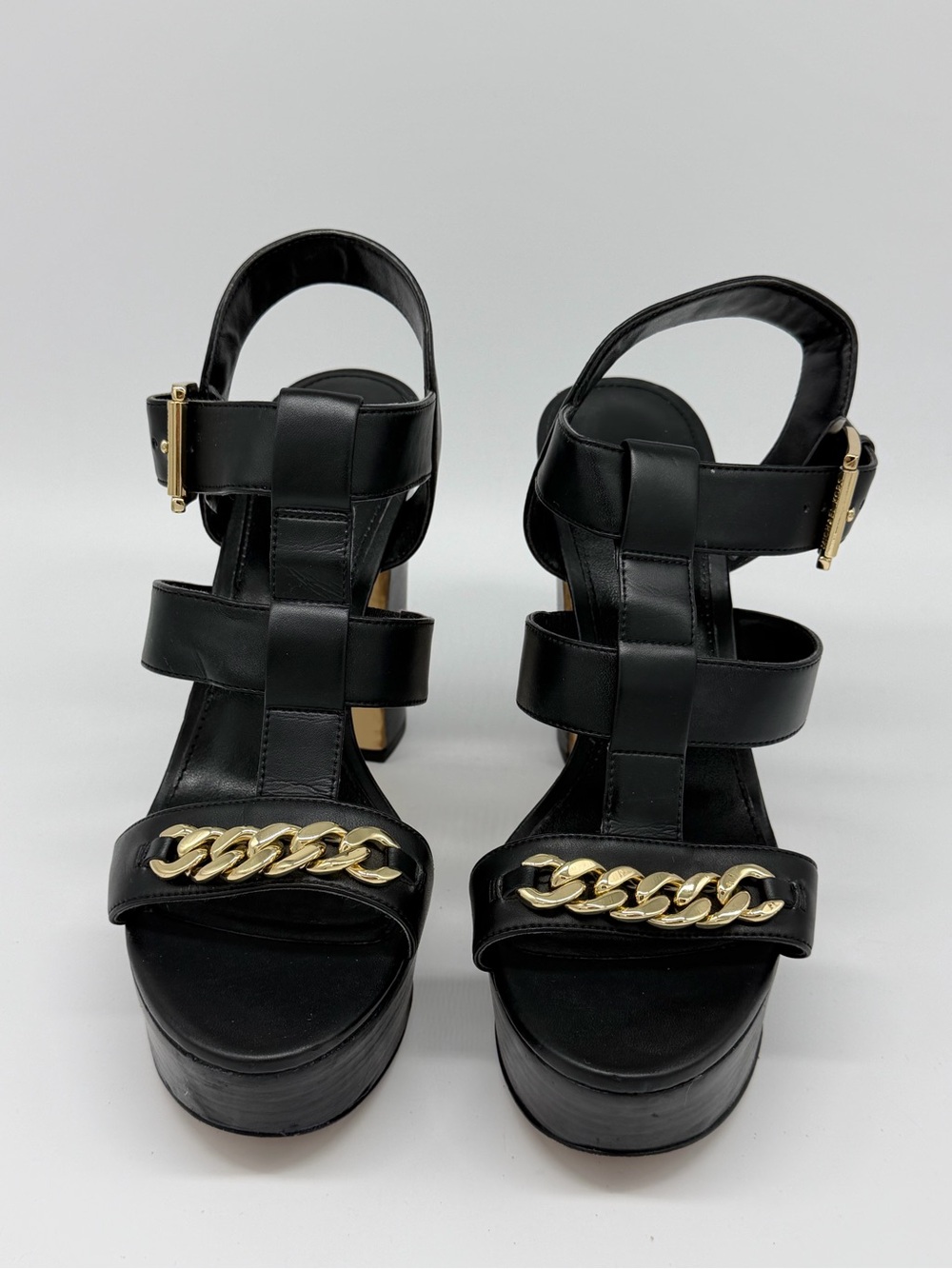 Black Platform Sandals with Gold Chain Accent
